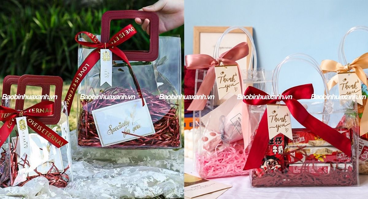 Túi đựng quà trong suốt quai da kèm nơ