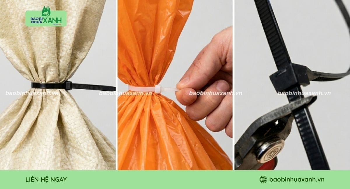 Buộc túi nilon bằng dây rút hoặc dây thít