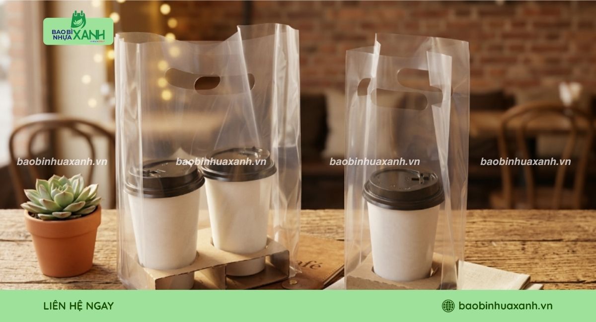 Mẫu túi đựng ly trà sữa trong suốt đựng 1 ly và 2 ly