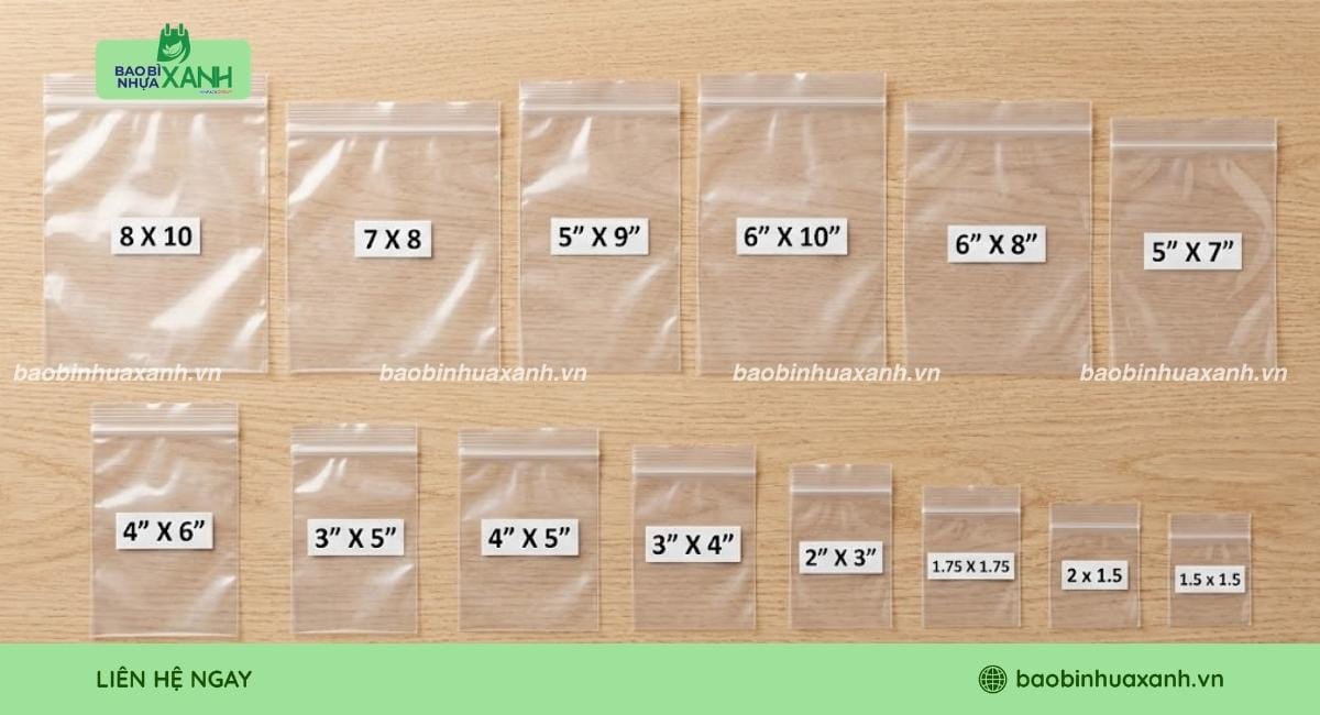 Các kích thước túi zip