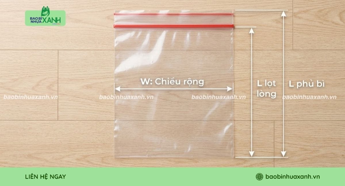 Chi tiết kích thước túi zip chỉ đỏ