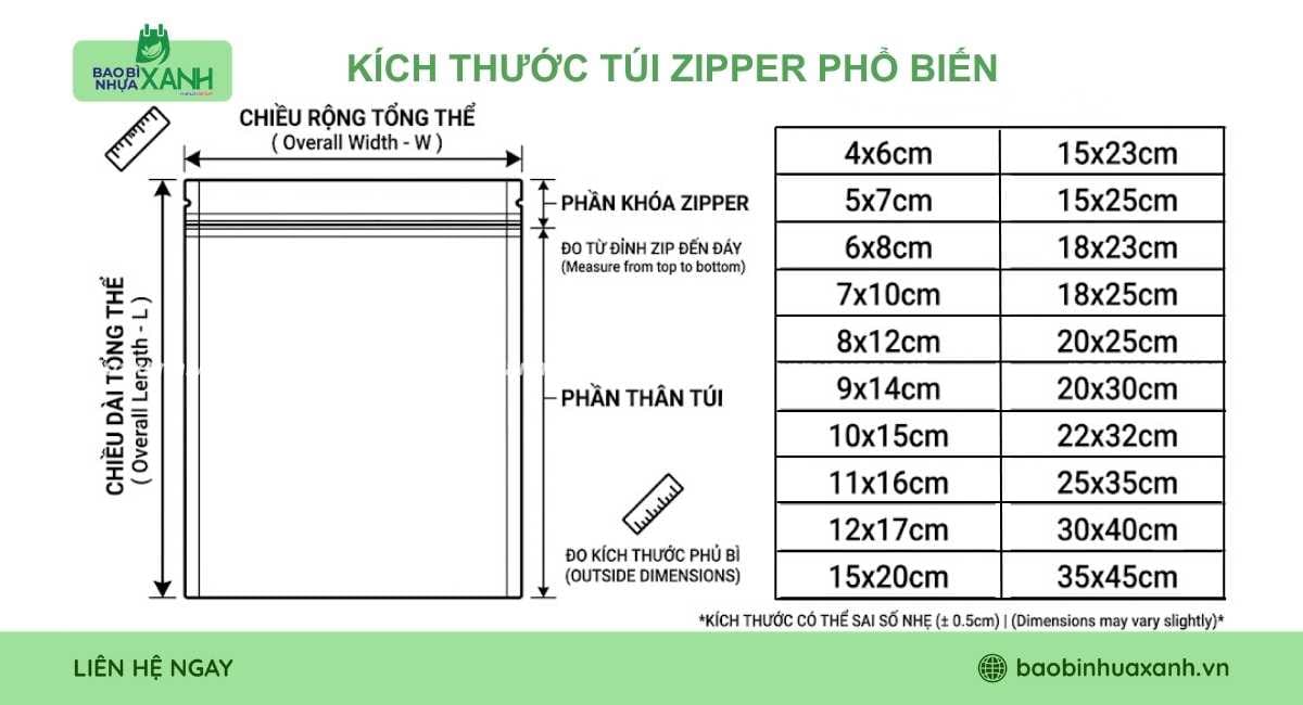 Chi tiết size túi zip