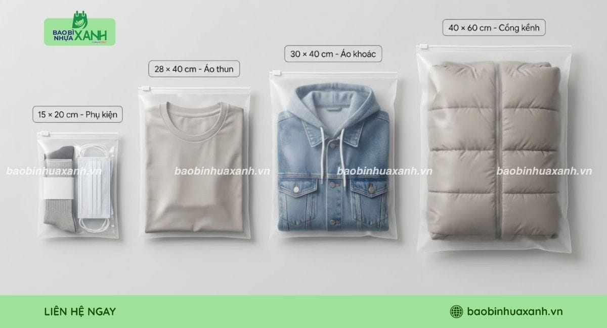 Kích thước túi zipper đóng gói quần áo