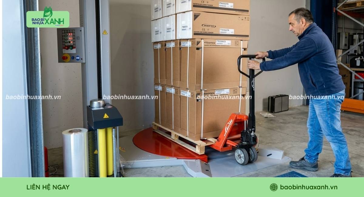 Đặt pallet đúng vị trí trên máy quấn