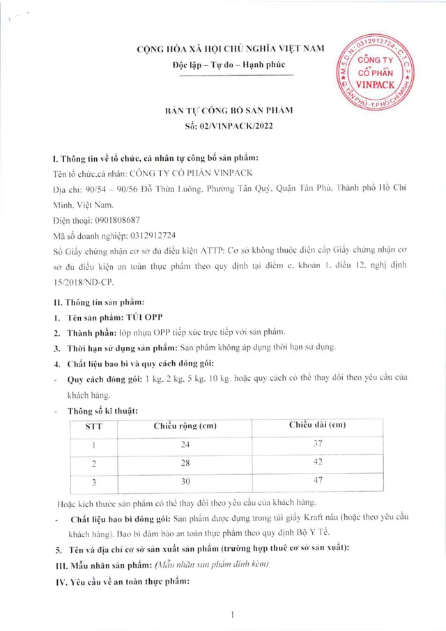 Trang đầu bản tự công bố sản phẩm Túi OPP - Bao Bì Nhựa Xanh