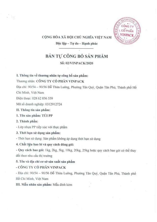 Trang đầu bản tự công bố sản phẩm Túi PP - Bao Bì Nhựa Xanh