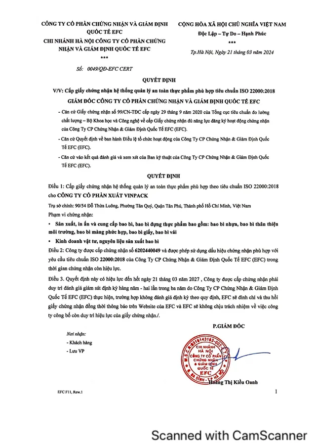 Trang đầu chứng nhận ISO 22000:2018 - Bao Bì Nhựa Xanh