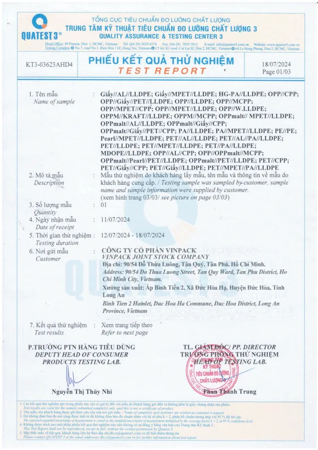 Trang đầu phiếu kết quả thử nghiệm QUATEST 3 - Bao Bì Nhựa Xanh