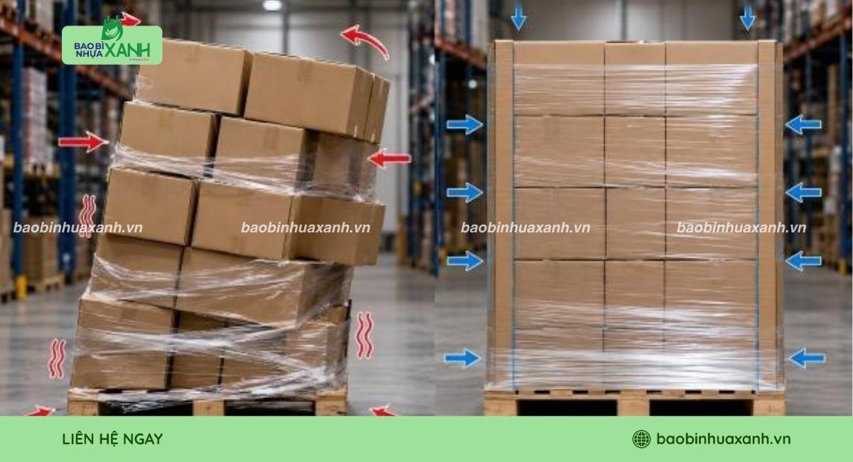 Quấn màng PE pallet hạn chế hàng hóa xô lệch